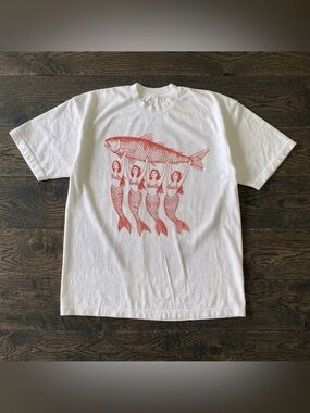Mermaids Holding Four Fish Red White Mystical Nautical Graphic T-Shirt